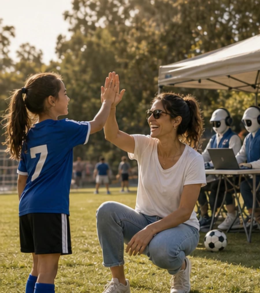 Founder high-fiving her daughter at a soccer game while AI sales agents book meetings in the background