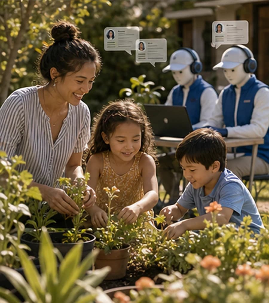 Founder gardening with children while AI sales agents work leads in the background