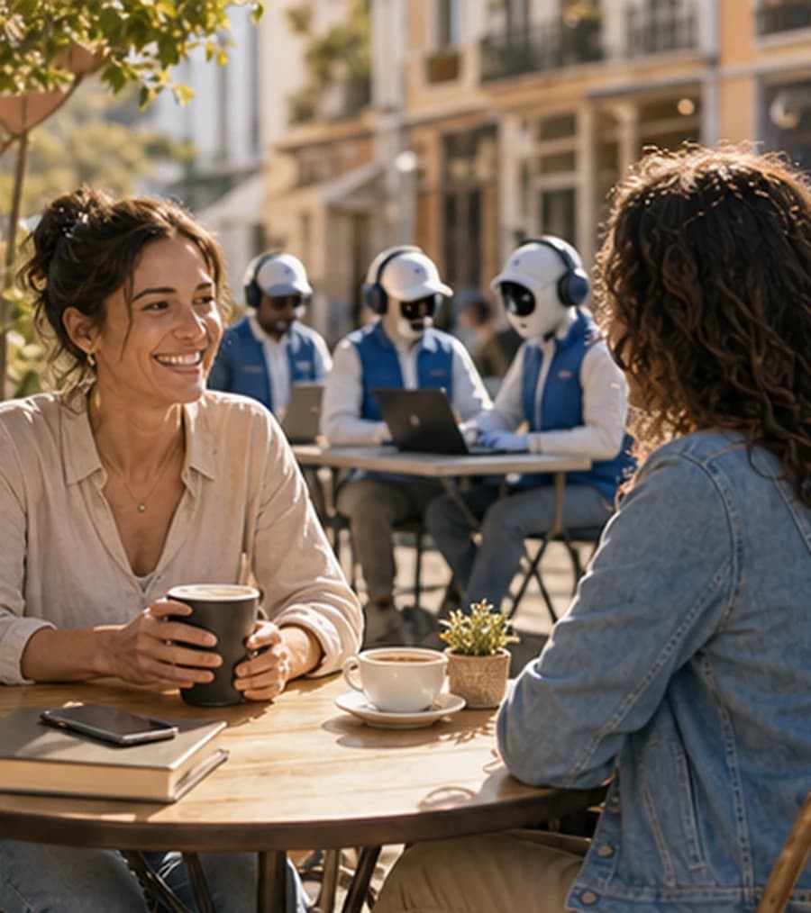 Founder having coffee while AI sales agents research prospects at a nearby table